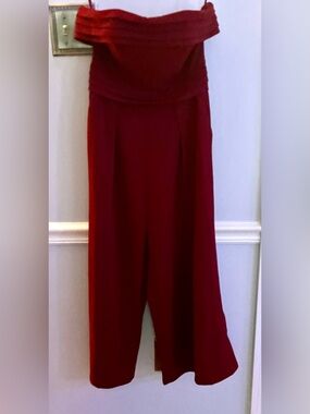 Strapless Fold-Over Wide-Leg Jumpsuit in Deep Burgundy